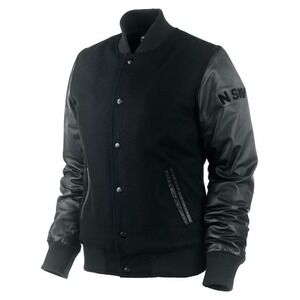 Nike Sportswear NSW Destroyer Leather Wool Bomber Varsity Jacket Black‎ Size S